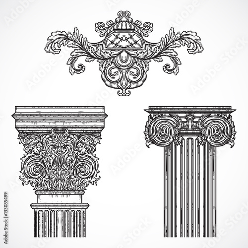 Vintage architectural details design elements. Antique baroque classic style column and cartouche. Hand drawn vector illustration