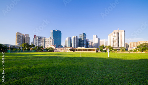 grassland green field with trees and buildings cityscape © jamesteohart