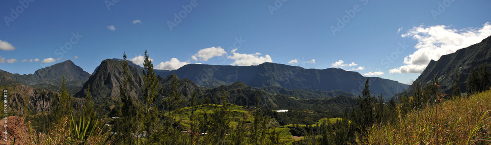 Large View of Salazie Cirque of Reunion Island with blue sky