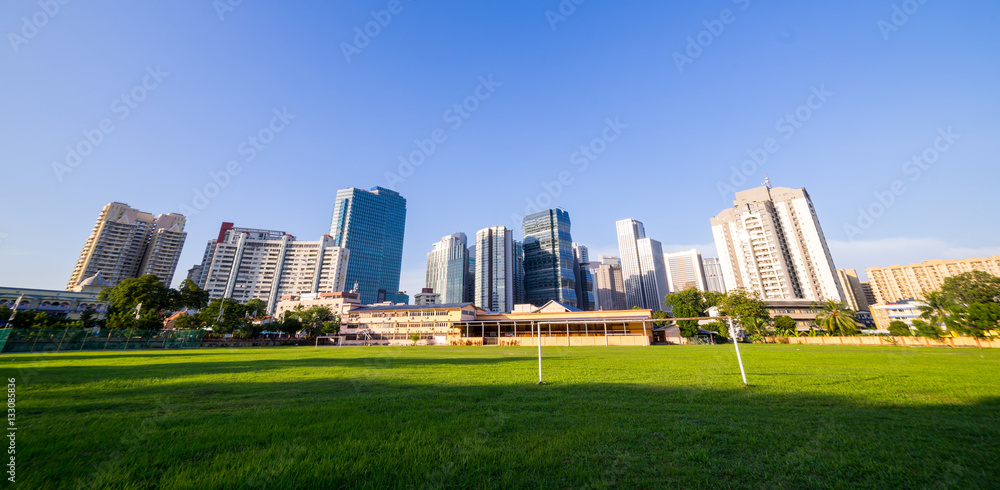 grassland green field with trees and buildings cityscape