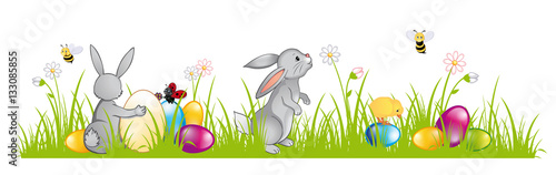 Happy Easter banners with Easter bunny Easter eggs and chicks