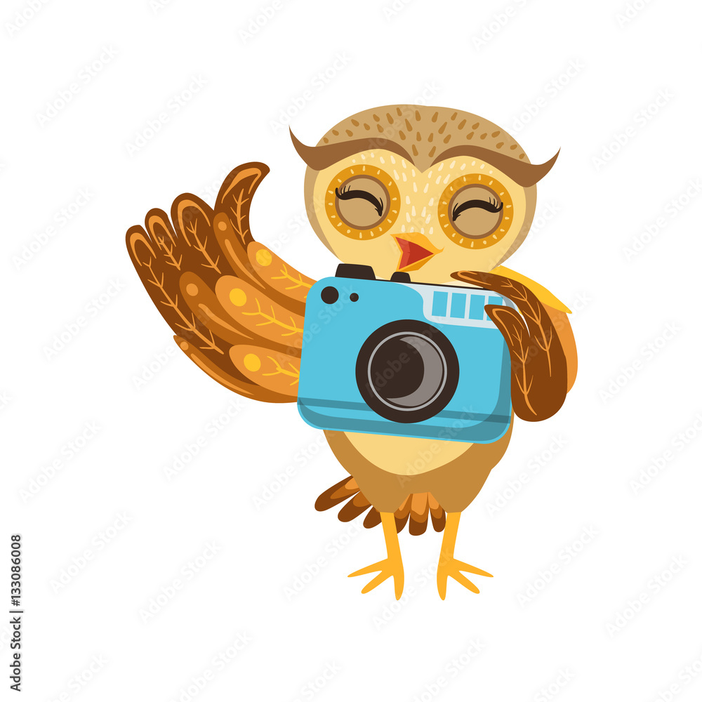 Fototapeta premium Tourist Owl With Camera Cute Cartoon Character Emoji With Forest Bird Showing Human Emotions And Behavior