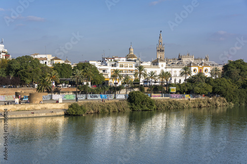 Cathedral, Giralda Tower and the Guadalquivir river in Sevilla, Spain.