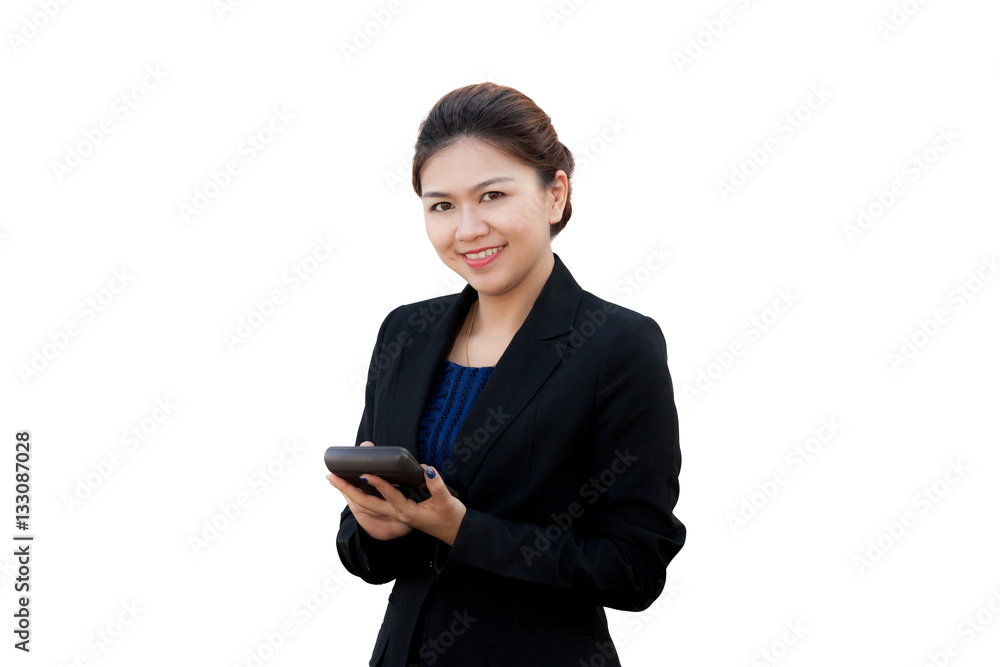 Portrait of business woman using calculator, isolated on white Portrait of business woman using calculator, isolated on white