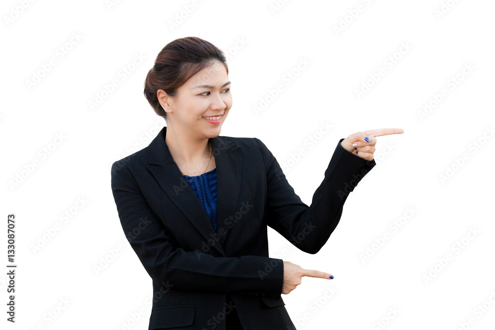 Business woman pointing and looking to the side, isolated Business woman pointing and looking to the side, isolated