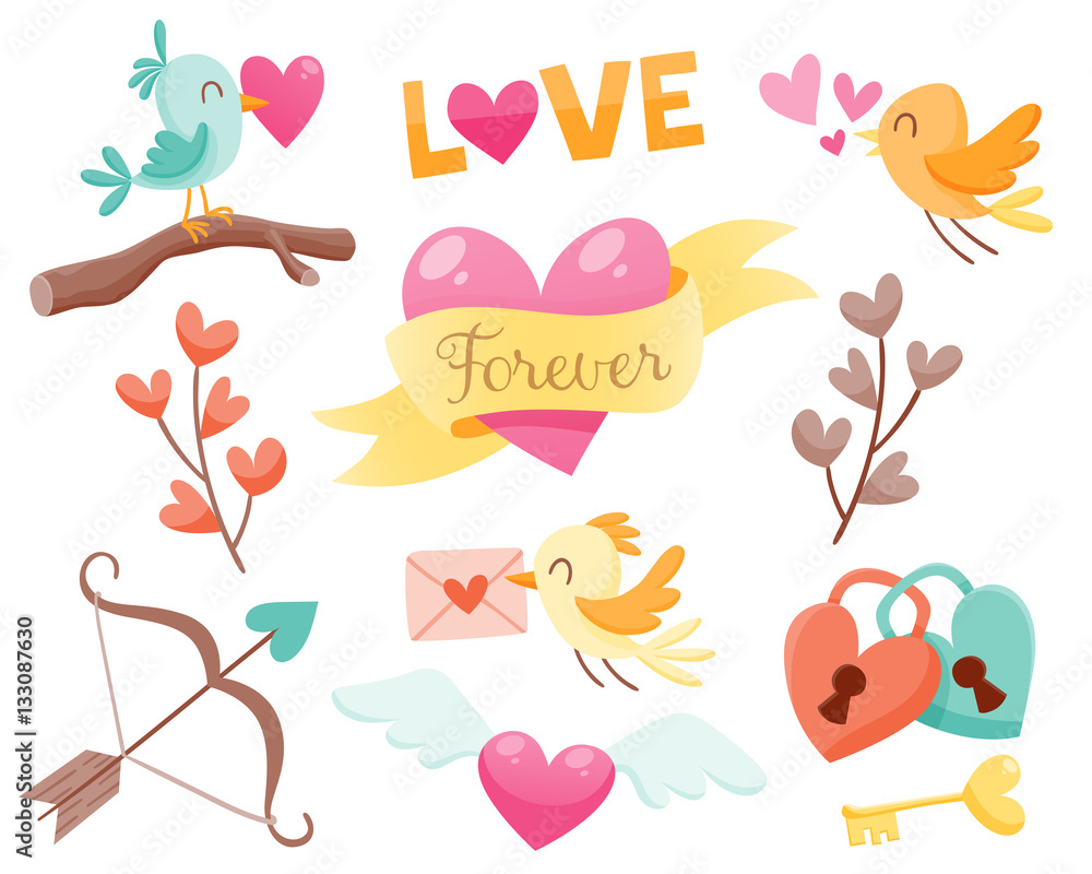Set of cute Valentine day elements. Birds fall in love, hearts, love padlocks and more. Vector illustration for your design.
