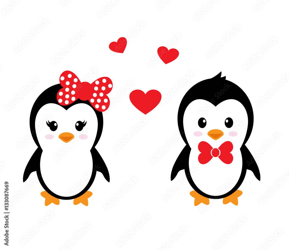 Fototapeta premium cartoon cute penguin set with heart
