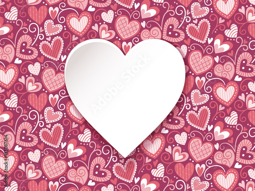 White heart label onto a cute background full of hand drawn hearts. Vector illustration.