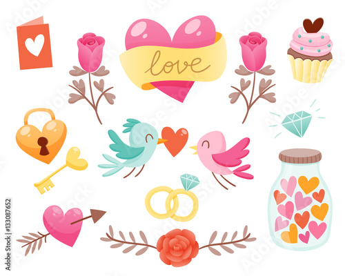 Set of cute Valentine day elements. Hearts, flowers, birds and more. Vector illustration for your design.