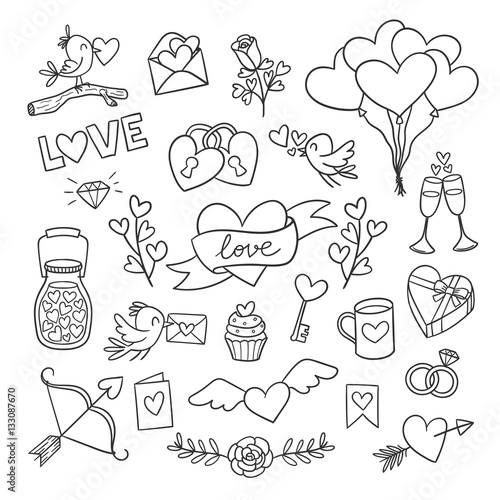 Set of cute Valentine day doodle elements. Hearts, flowers, birds, balloons and more. Vector illustration for your design.