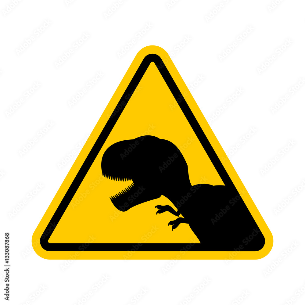 Attention dinosaur. Dangers of yellow road sign. Prehistoric pre Attention dinosaur. Dangers of yellow road sign. Prehistoric pre