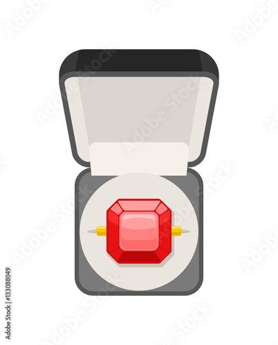 Ring with ruby in box top view. Jewel isolated. expensive jewelr