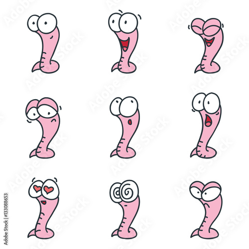 Set of funny worms isolated on white background. Doodle vector illustration.