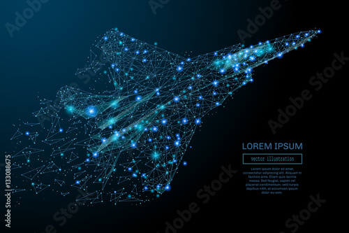 fighter jet in flight from abstract polygonal points blue. Low poly fighter in motion, lines and connected to form, vector illustration.
