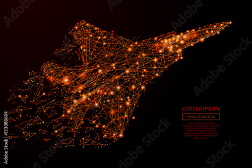 Abstract mash line and point fighter jet in flames style on dark background with an inscription. Business net speed of a starry sky or space, consisting of stars and the universe. Vector illustration