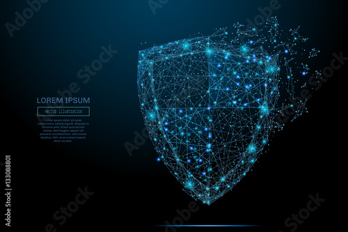 Security Shield composed of polygons. Business concept of data protection. Low poly vector illustration of a starry sky or Comos. The shield consists of lines, dots and shapes.