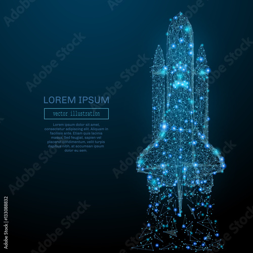 Abstract image of a space shuttle in the form of a starry sky or space, consisting of points, lines, and shapes in the form of planets, stars and the universe. Cosmos vector wireframe concept.