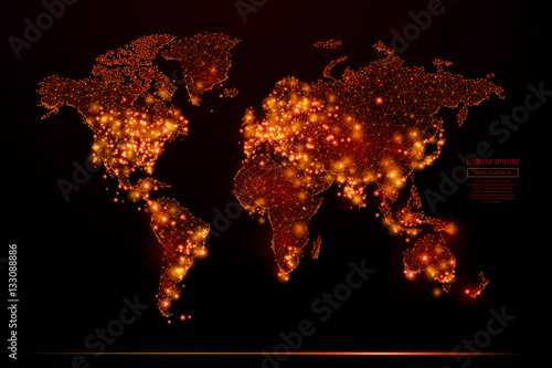 Abstract mash line and point world map in flames style on dark background with an inscription. World map of a starry sky or space, consisting of stars and the universe. Vector illustration