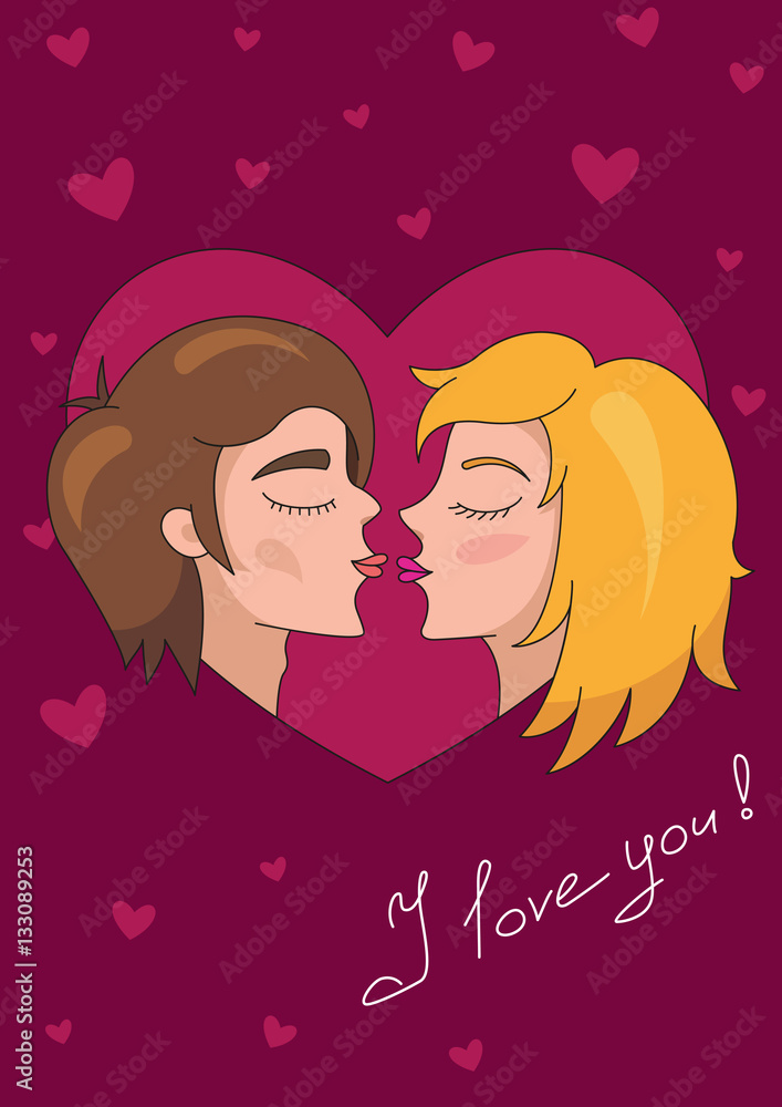 Valentine card. Kissing man and woman Valentine card. Kissing man and woman