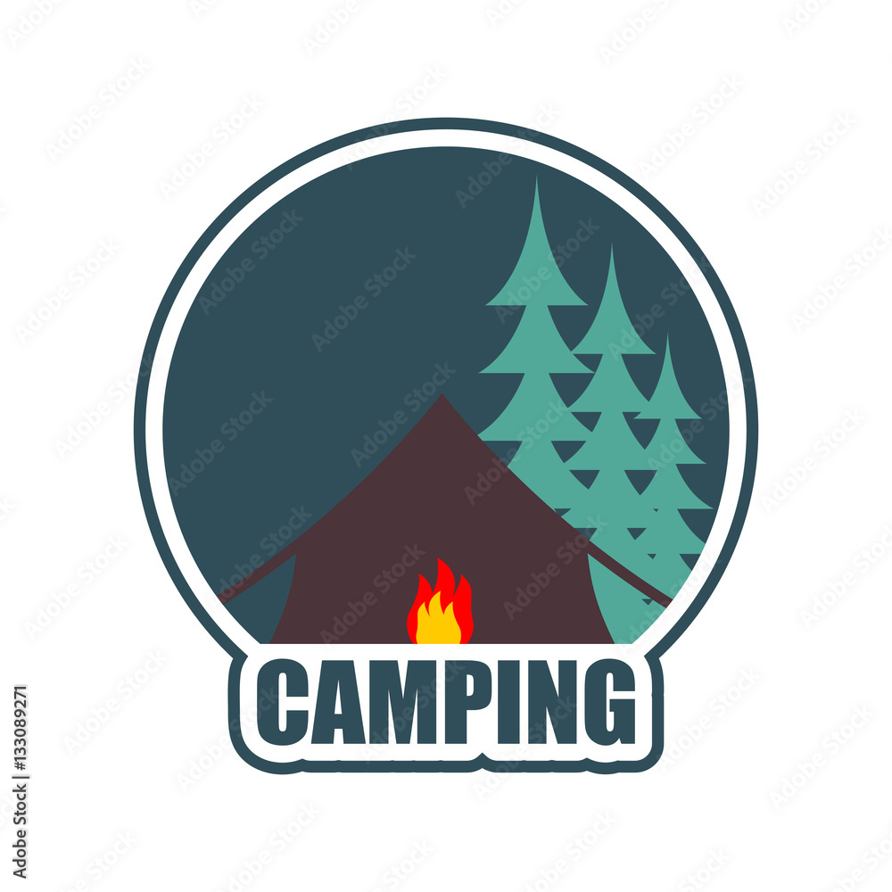 Camping logo. Tent camp emblem. forest and tent. Bonfire