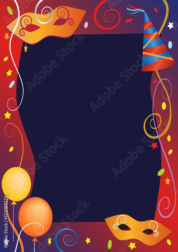 Carnival party background frame.
Decorative background for carnival and party invitation cards with masks, colored balloons and confetti.