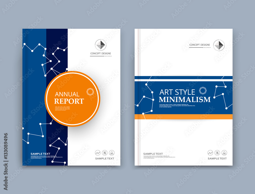Obraz premium Abstract composition. Orange circle, blue square texture. Dots, lines, chain parts construction. White brochure title sheet. Creative figure icon surface. Box block section banner form. Ad flyer font.