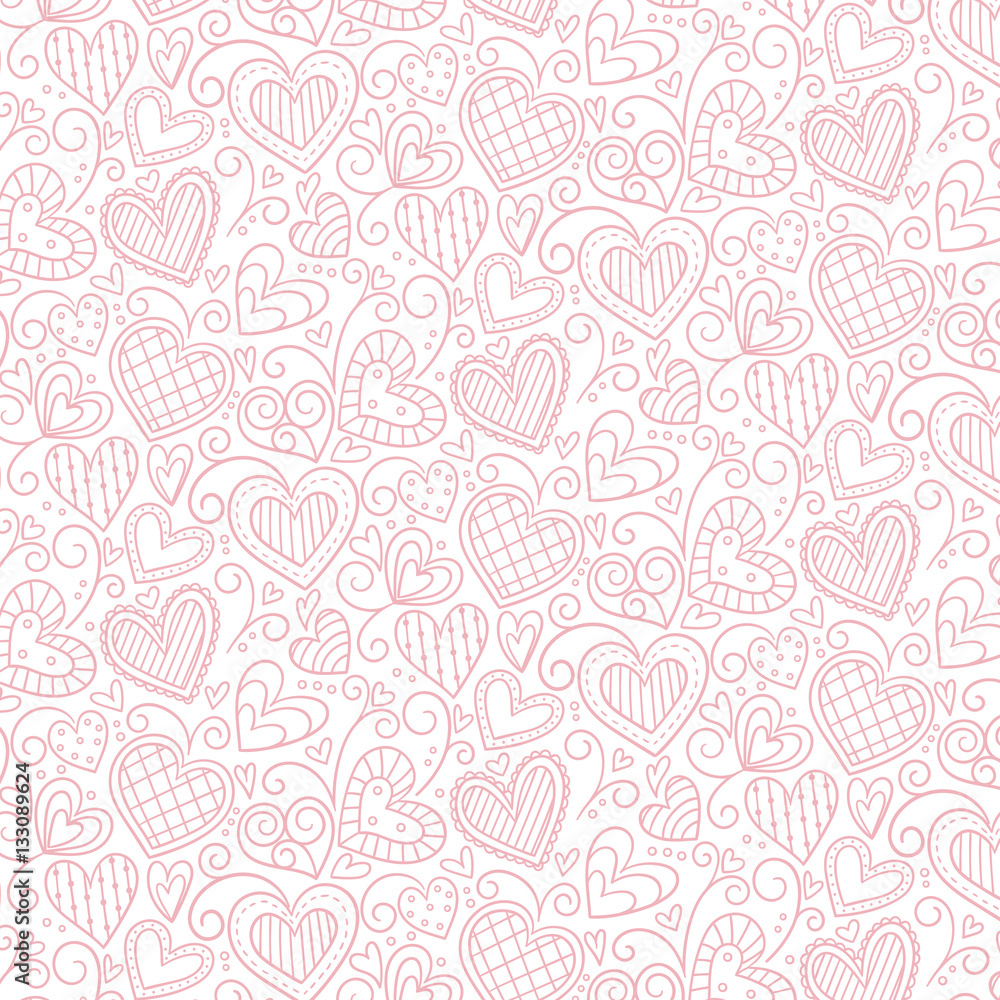 Pink doodle hearts background. Editable vector seamless pattern.