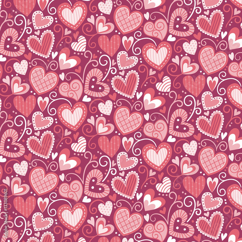 Pink ornate hearts background. Editable vector seamless pattern.