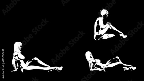 3 lying girls. Animated silhouette. Alpha channel. 4K video.