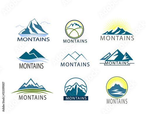Set of logo, Icon Montains in color. Climbing label, hiking travel and adventure