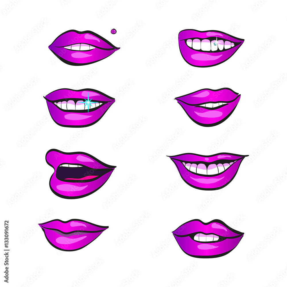 Women lips icon with emotions in purple. Vector. Women lips icon with emotions in purple. Vector.