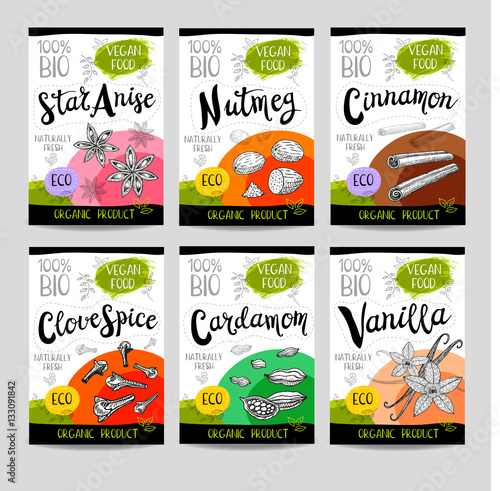 Set of hand drawn labels food, spices.