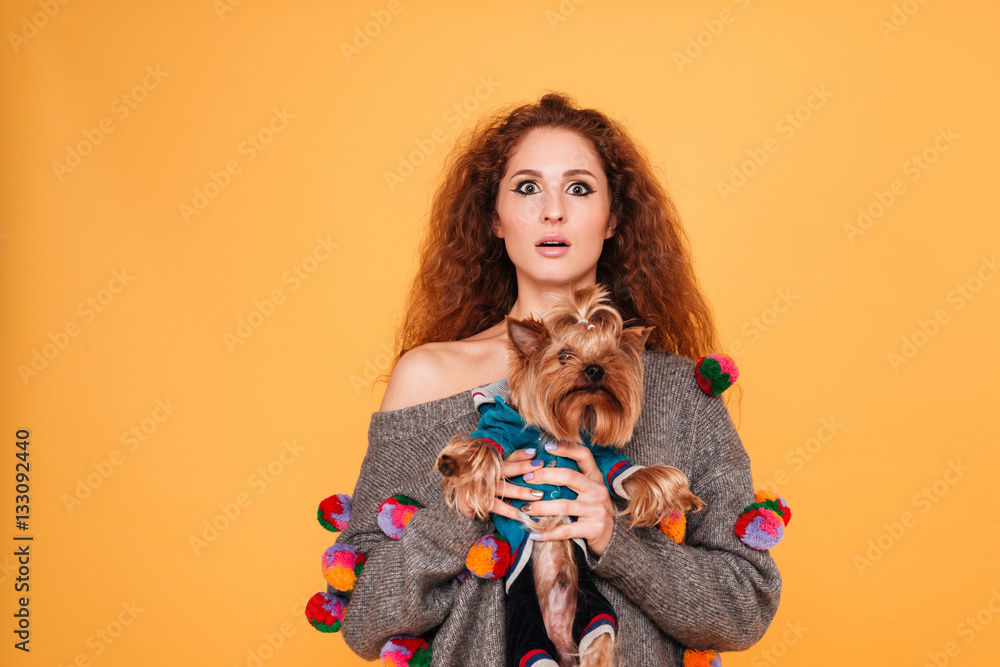 Happy red head woman playing with her yorkshire terrier Happy red head woman playing with her yorkshire terrier