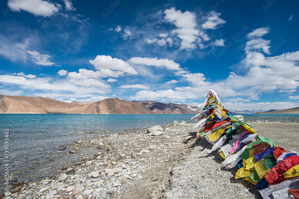 Tibetan prayer flag at Pangong tso Tibetan prayer flag at Pangong tso