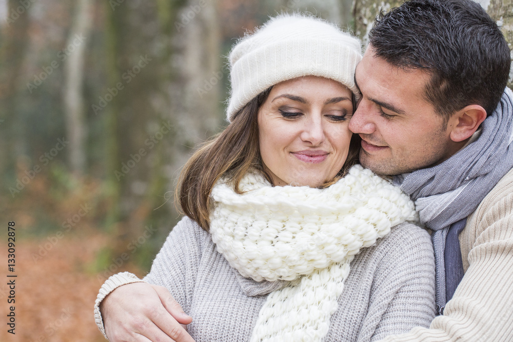 Young couple Walking Winter Woodland Young couple Walking Winter Woodland