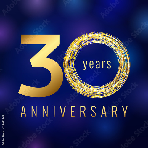 Anniversary 30 year number gold colored vector logo. Thirty years colorful greeting card with shining icon on blue abstract background. Business, fashion stock lighting sign. Celebration event symbol.