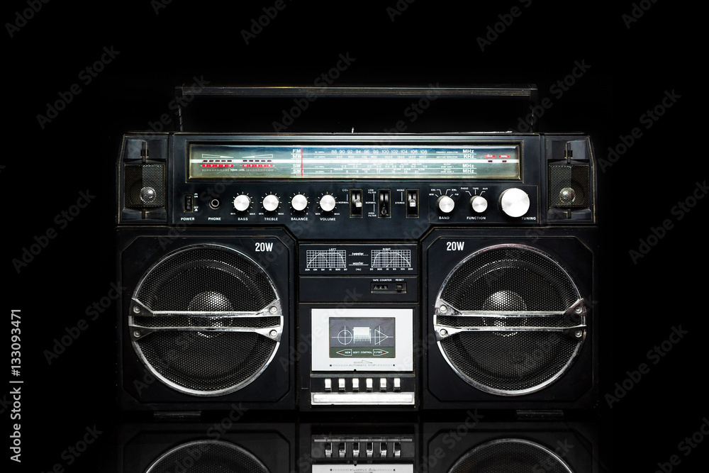 Fototapeta premium Vintage boom box on black background