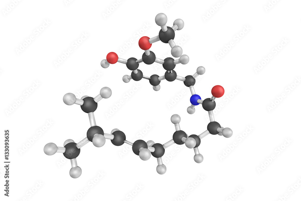 3d structure of Capsaicin, an active component of chili peppers. 3d structure of Capsaicin, an active component of chili peppers.