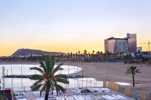 Barcelona Beach at sunset Platja Nova Icaria or Barceloneta view
