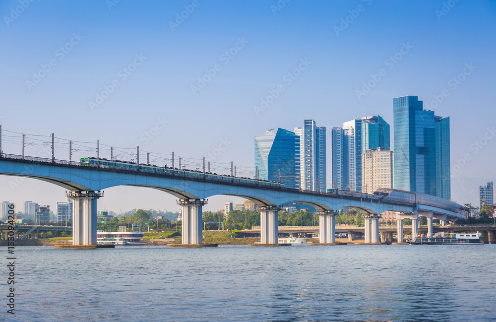 Subway and Bridge at Hanriver in Seoul, South korea