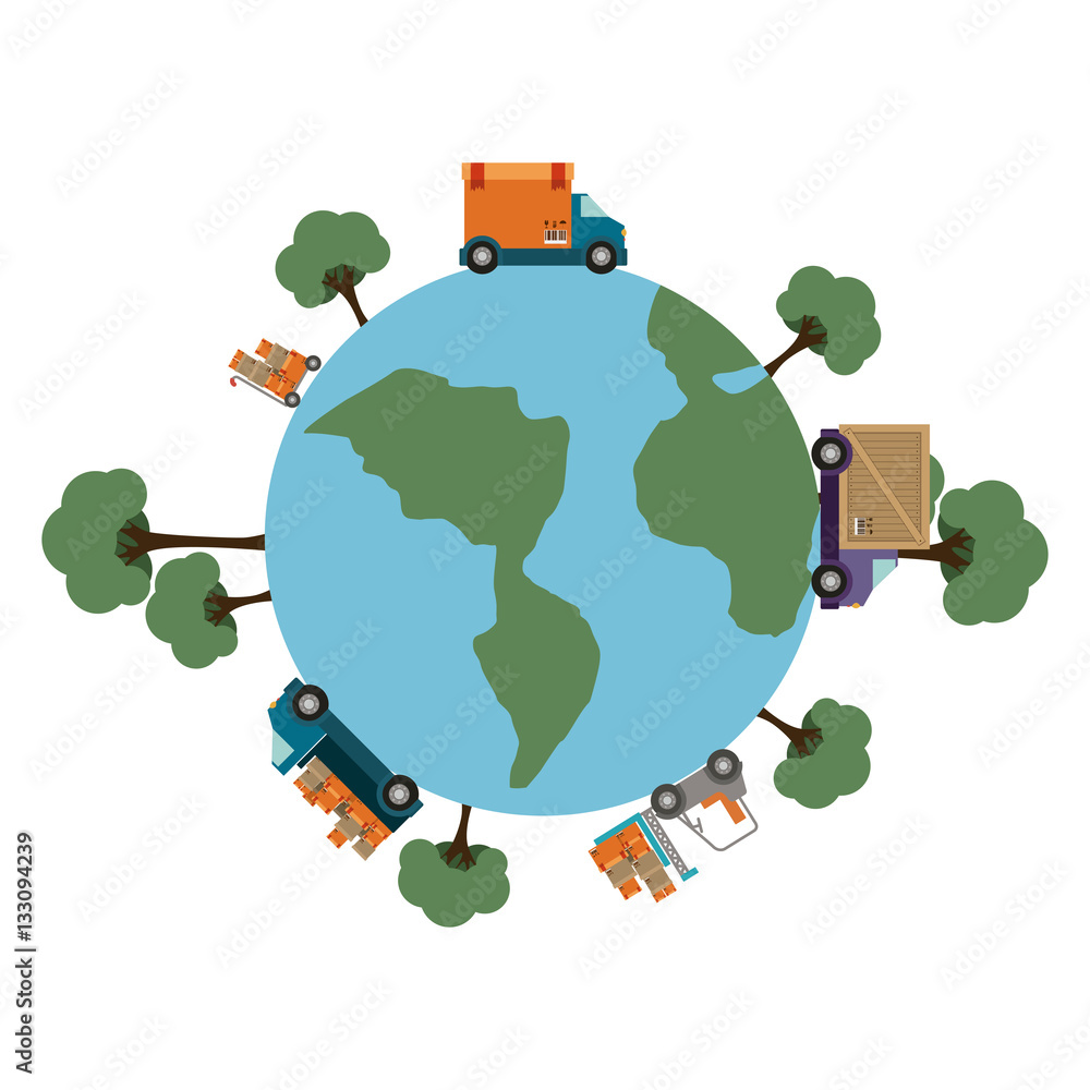 Fototapeta premium Planet truck and trees icon. Delivery shipping logistics and transportation theme. Isolated design. Vector illustration