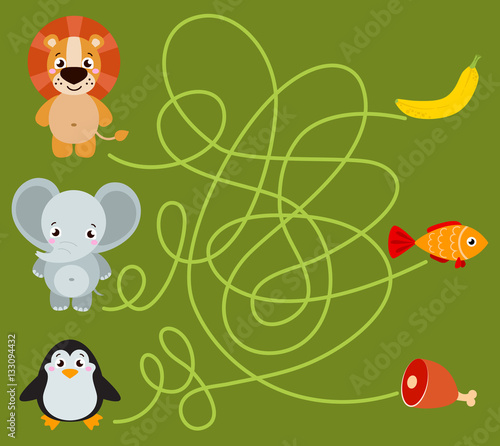 Fototapeta Naklejka Na Ścianę i Meble -  Cute animal educational maze game. Vector illustration of maze(labyrinth) educational game with cute cartoon elephant, lion, penguin for children