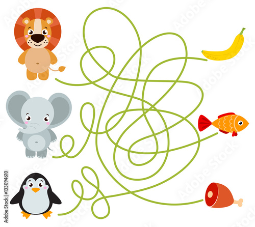 Cute animal educational maze game. Vector illustration of maze(labyrinth) educational game with cute cartoon elephant, lion, penguin for children