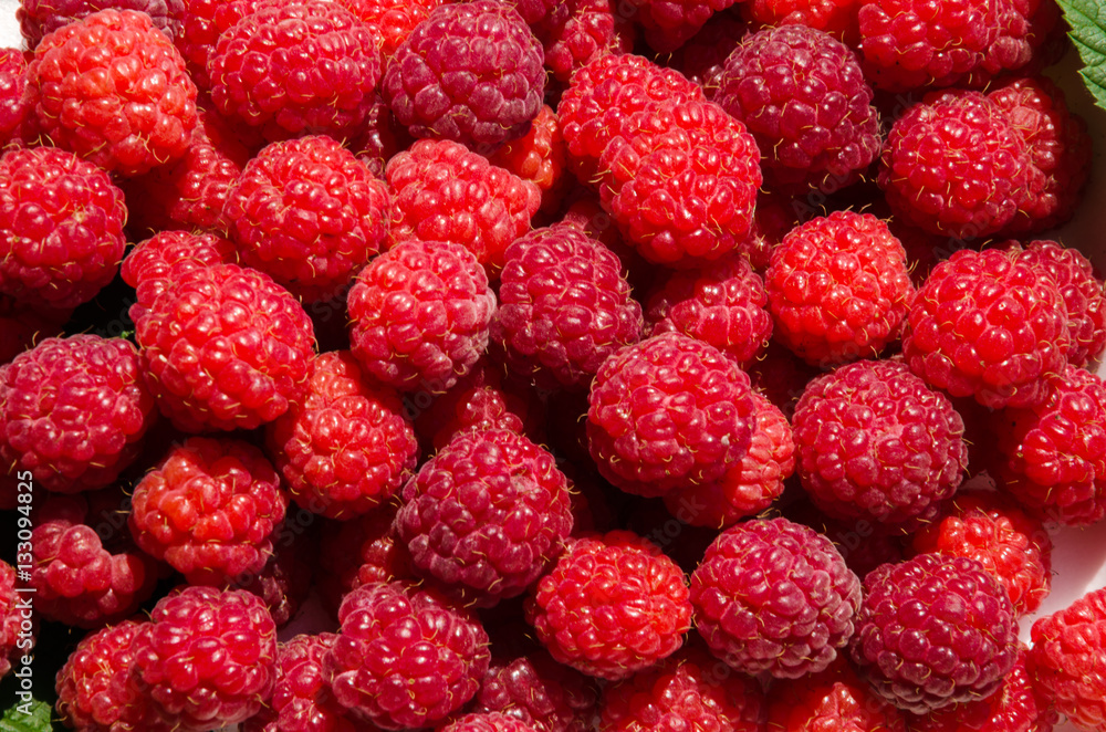 delicious red raspberries in a white tray with green leaves delicious red raspberries in a white tray with green leaves