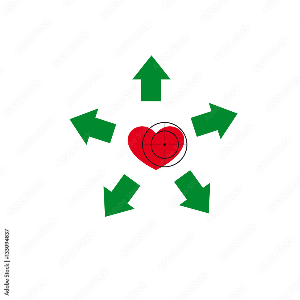 Vector illustration. The emblem, logo. Heart under a sight. Healthy lifestyle. Five arrows diverge from the heart. Vector illustration. The emblem, logo. Heart under a sight. Healthy lifestyle. Five arrows diverge from the heart.