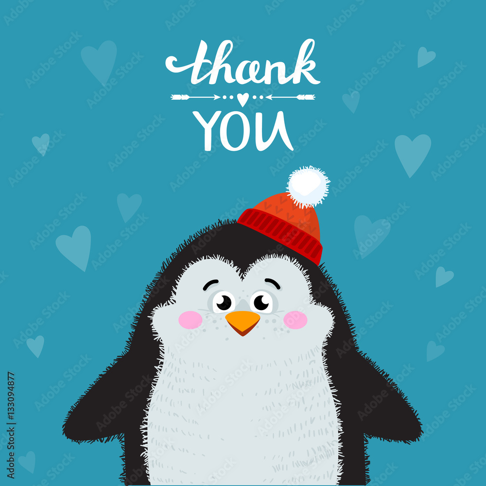 Obraz premium Cartoon penguin isolated on background. Thank you handwritten vector illustration. Lettering Thank you. Vector illustration