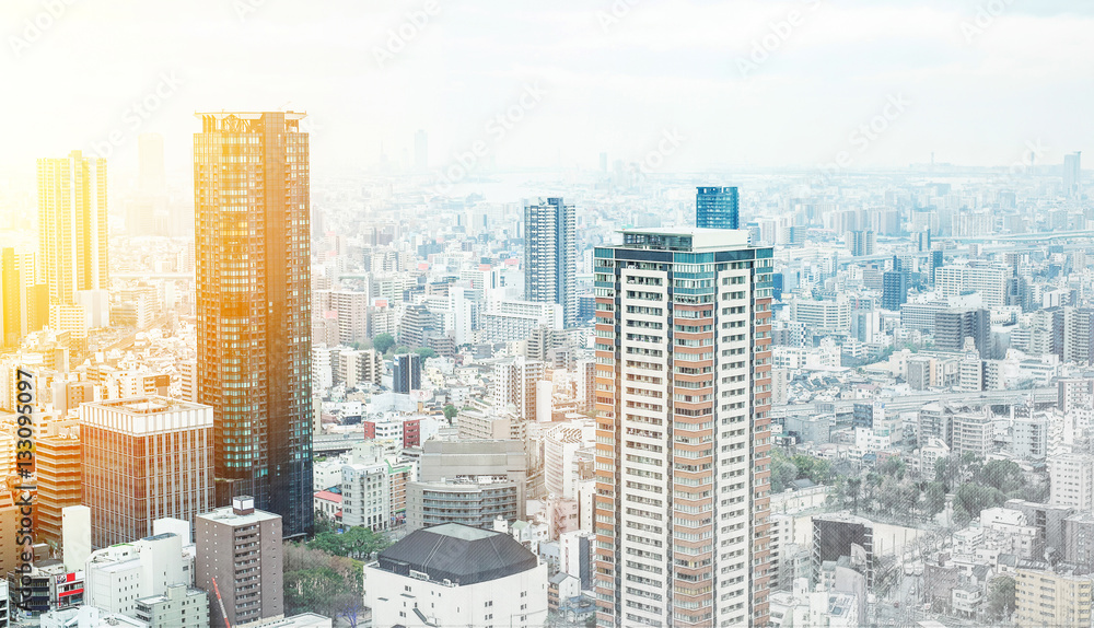 Obraz premium Asia Business concept for real estate - panoramic modern cityscape building bird eye aerial view under sunrise and morning blue bright sky in Osaka, Japan. Mix hand drawn sketch illustration