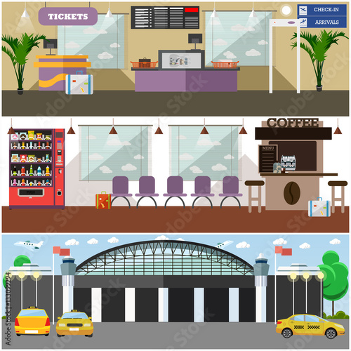 Vector set of airport interior concept design elements, flat style. photo