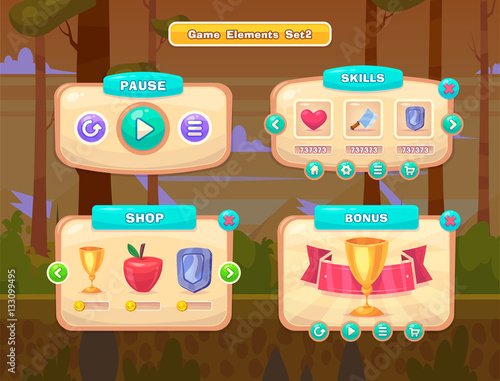 Set of cartoon buttons for casual games. Graphic user interface, vector illustration.