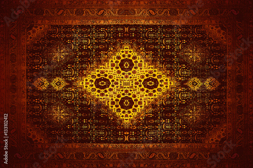 Persian Carpet Texture, abstract ornament. Rhombus mandala pattern, Middle Eastern Traditional Fabric Texture. Red maroon orange brown lime yellow violet pink purple gold toned, useful as background